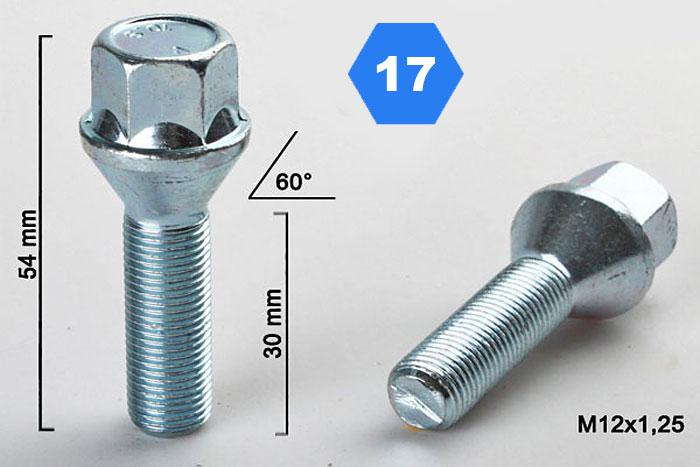 M12x1,25 Wielbout conisch, Draadlengte 30mm, SW 17